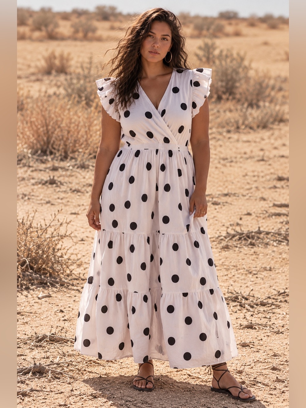 White Black Polka Dot Surplice Ruffle Sleeve Tiered Maxi Dress